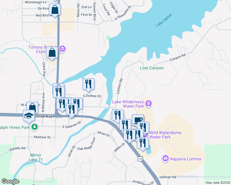 map of restaurants, bars, coffee shops, grocery stores, and more near 215 Canyon Road in Wisconsin Dells