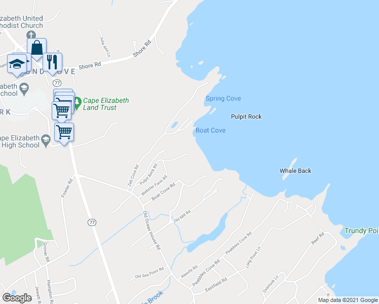 map of restaurants, bars, coffee shops, grocery stores, and more near 413 Pulpit Rock Road in Cape Elizabeth