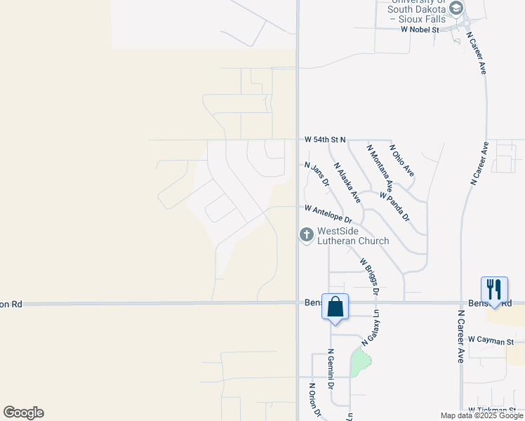 map of restaurants, bars, coffee shops, grocery stores, and more near 5800 West Yukon Trail in Sioux Falls