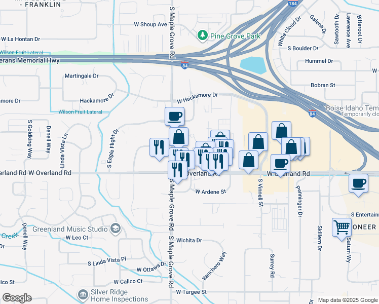 map of restaurants, bars, coffee shops, grocery stores, and more near 1475 South Allante Place in Boise