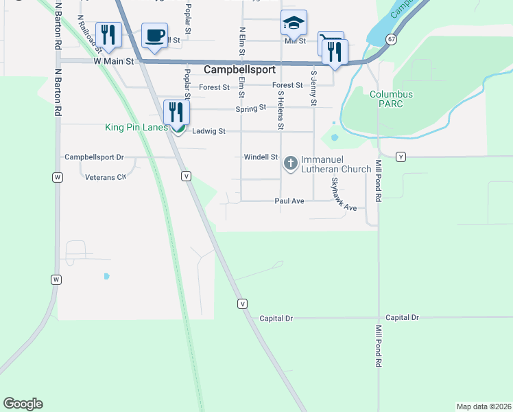 map of restaurants, bars, coffee shops, grocery stores, and more near 407 Paul Avenue in Campbellsport