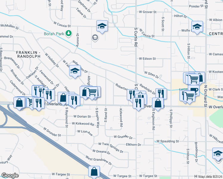 map of restaurants, bars, coffee shops, grocery stores, and more near 1407 South Newport Street in Boise