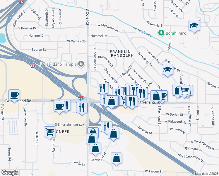 map of restaurants, bars, coffee shops, grocery stores, and more near 1402 Oaklawn Drive in Boise