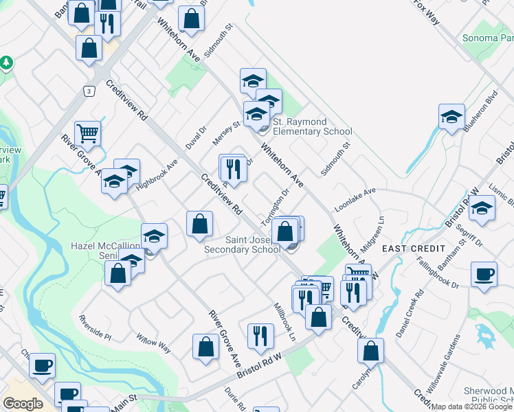 map of restaurants, bars, coffee shops, grocery stores, and more near 1485 Torrington Drive in Mississauga