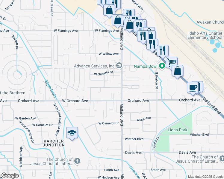 map of restaurants, bars, coffee shops, grocery stores, and more near 1115 West Boone Avenue in Nampa