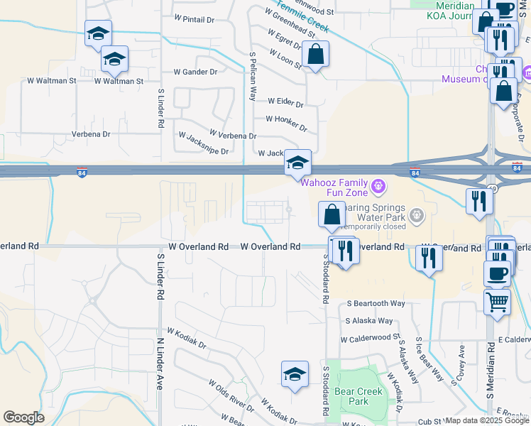 map of restaurants, bars, coffee shops, grocery stores, and more near 1515 South Tech Lane in Meridian