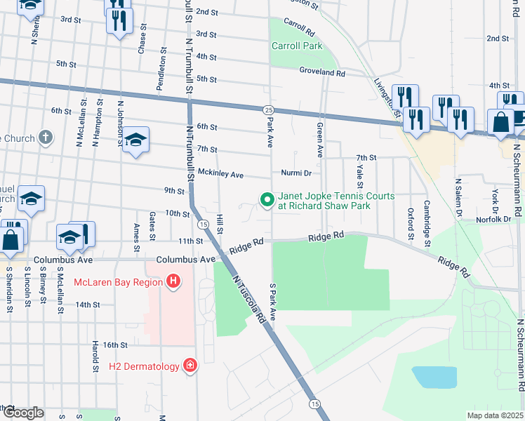 map of restaurants, bars, coffee shops, grocery stores, and more near 325 Park Avenue in Bay City
