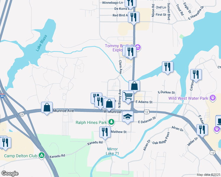 map of restaurants, bars, coffee shops, grocery stores, and more near 151 West Durkee Street in Wisconsin Dells
