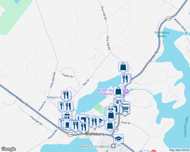 map of restaurants, bars, coffee shops, grocery stores, and more near 83 Bay Street in Wolfeboro