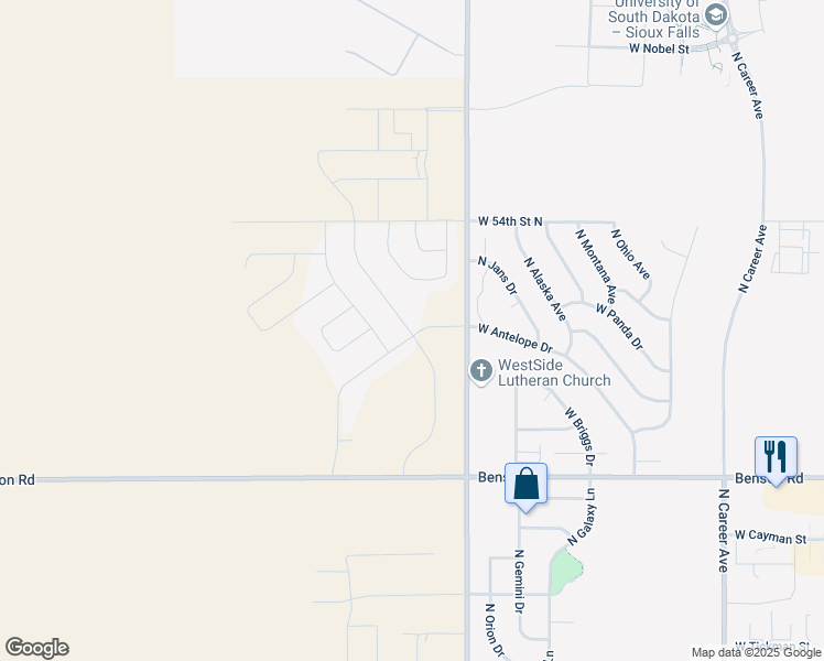 map of restaurants, bars, coffee shops, grocery stores, and more near 5800 West Yukon Trail in Sioux Falls