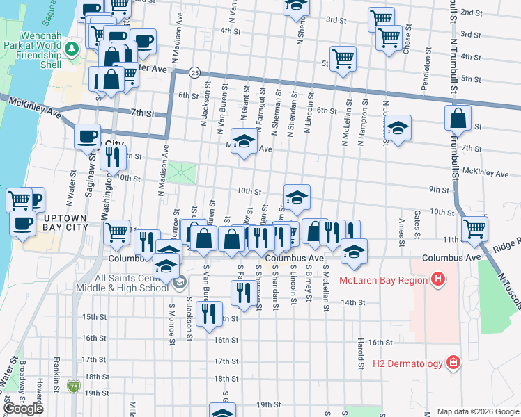 map of restaurants, bars, coffee shops, grocery stores, and more near 230 North Sherman Street in Bay City