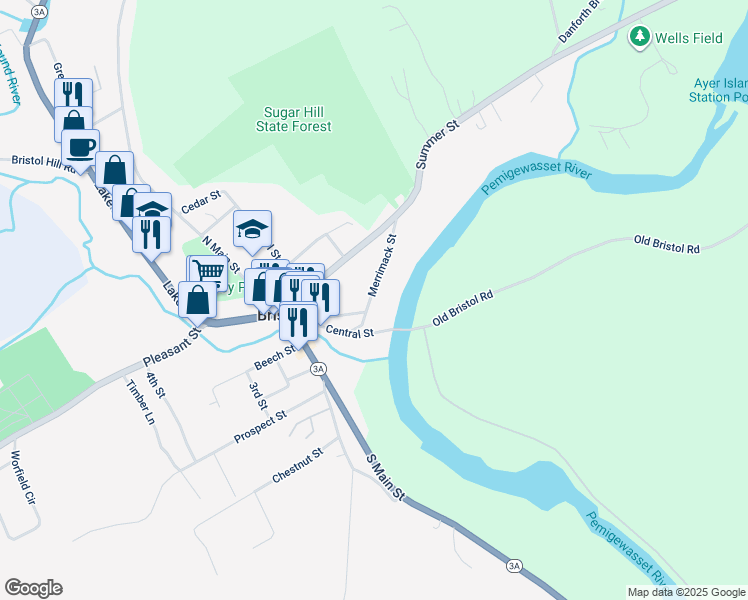 map of restaurants, bars, coffee shops, grocery stores, and more near 46 Merrimack Street in Bristol