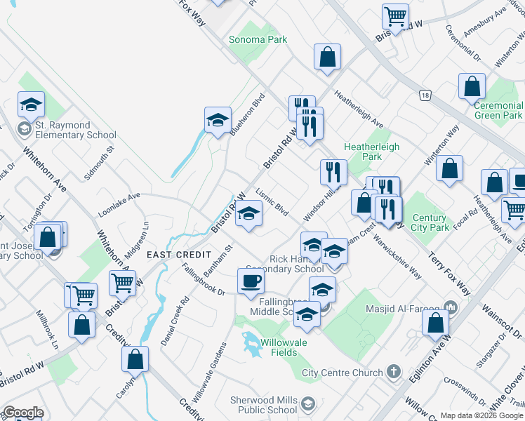 map of restaurants, bars, coffee shops, grocery stores, and more near 5480 Flatford Road in Mississauga