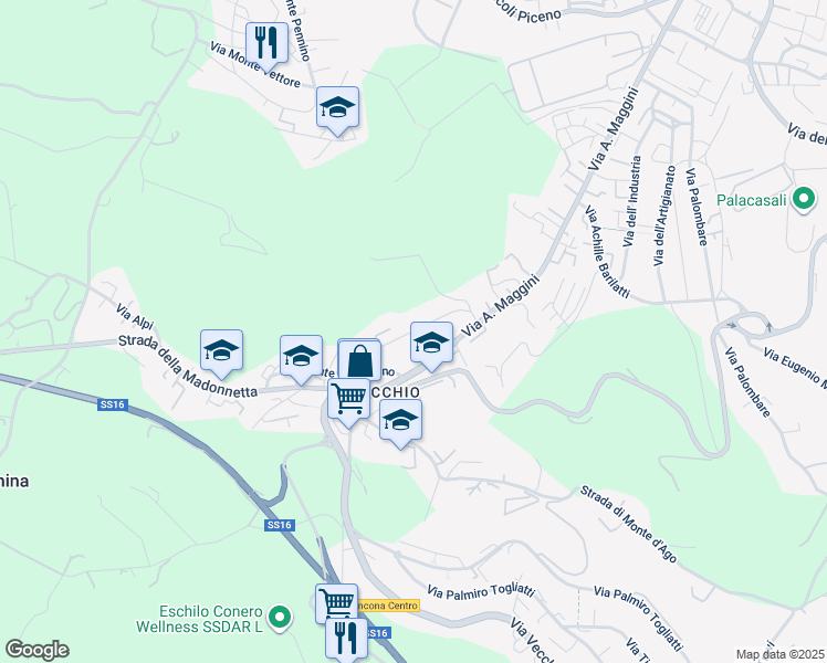 map of restaurants, bars, coffee shops, grocery stores, and more near 13 Via Monte Carpegna in Ancona