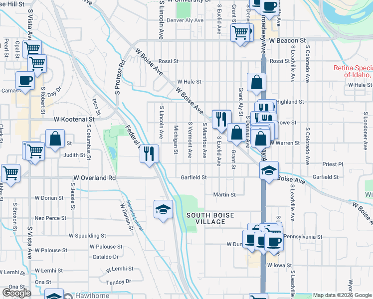 map of restaurants, bars, coffee shops, grocery stores, and more near 1709 South Vermont Avenue in Boise