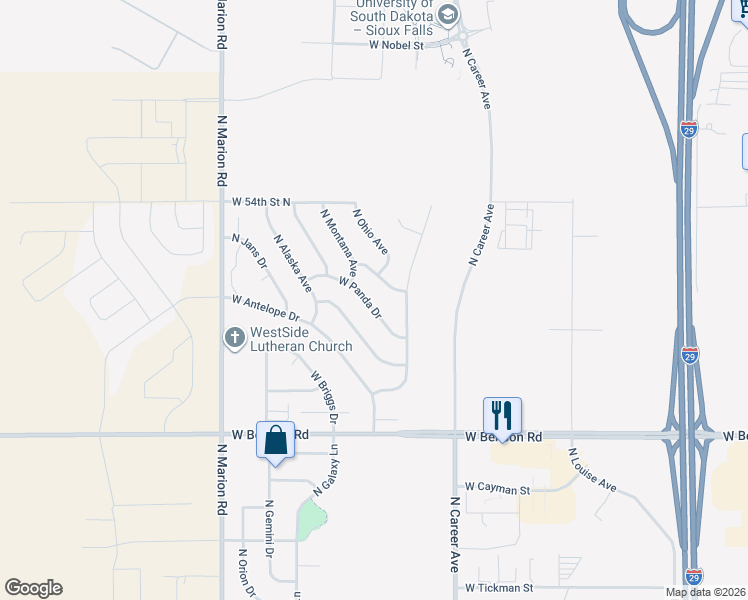 map of restaurants, bars, coffee shops, grocery stores, and more near 4404 West Panda Drive in Sioux Falls