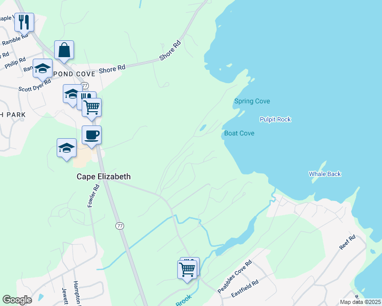 map of restaurants, bars, coffee shops, grocery stores, and more near 402 Pulpit Rock Road in Cape Elizabeth