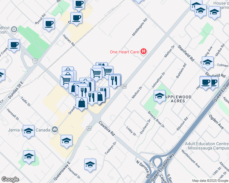 map of restaurants, bars, coffee shops, grocery stores, and more near 919 Queensway East in Mississauga