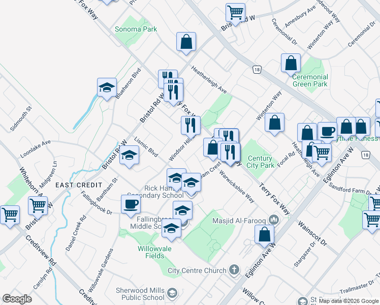 map of restaurants, bars, coffee shops, grocery stores, and more near 1055 Blizzard Road in Mississauga