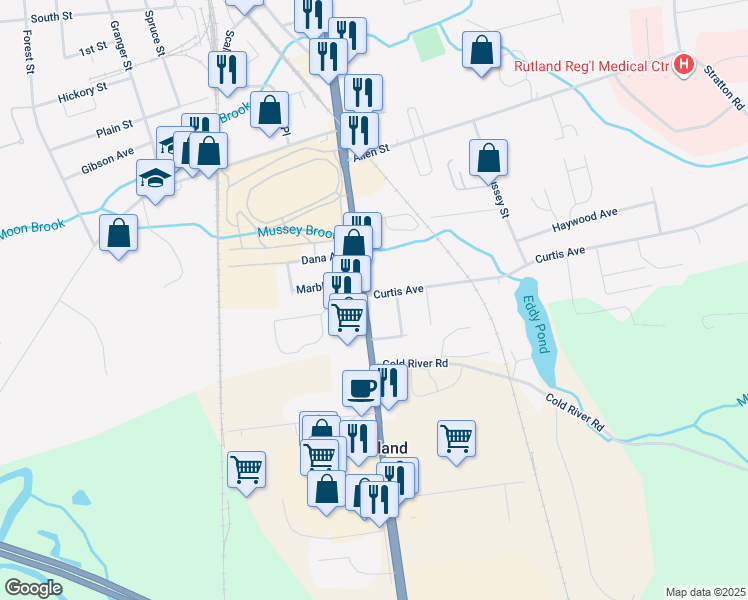 map of restaurants, bars, coffee shops, grocery stores, and more near 242 South Main Street in Rutland