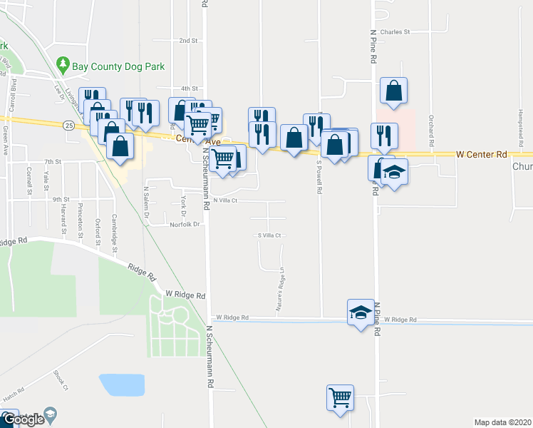 map of restaurants, bars, coffee shops, grocery stores, and more near 1910 North Villa Court in Essexville