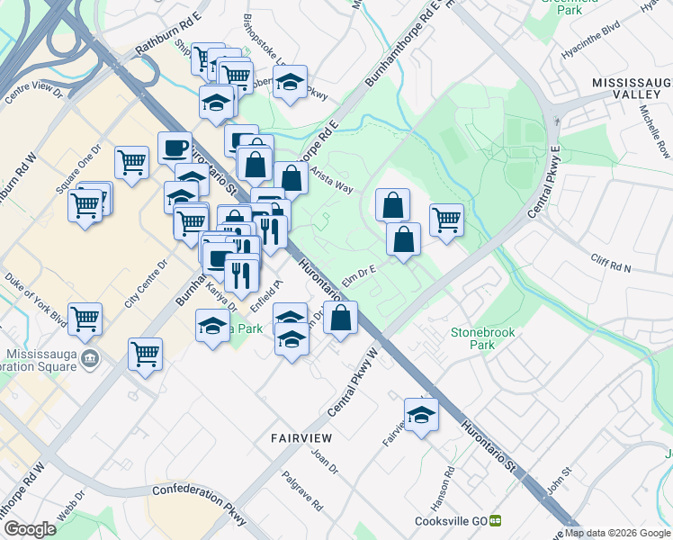 map of restaurants, bars, coffee shops, grocery stores, and more near 3590 Kaneff Crescent in Mississauga