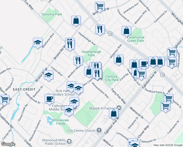 map of restaurants, bars, coffee shops, grocery stores, and more near 1003 Dream Crest Road in Mississauga