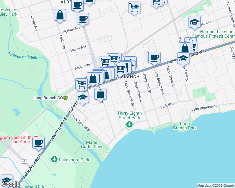 map of restaurants, bars, coffee shops, grocery stores, and more near 60 Thirty Eighth Street in Toronto