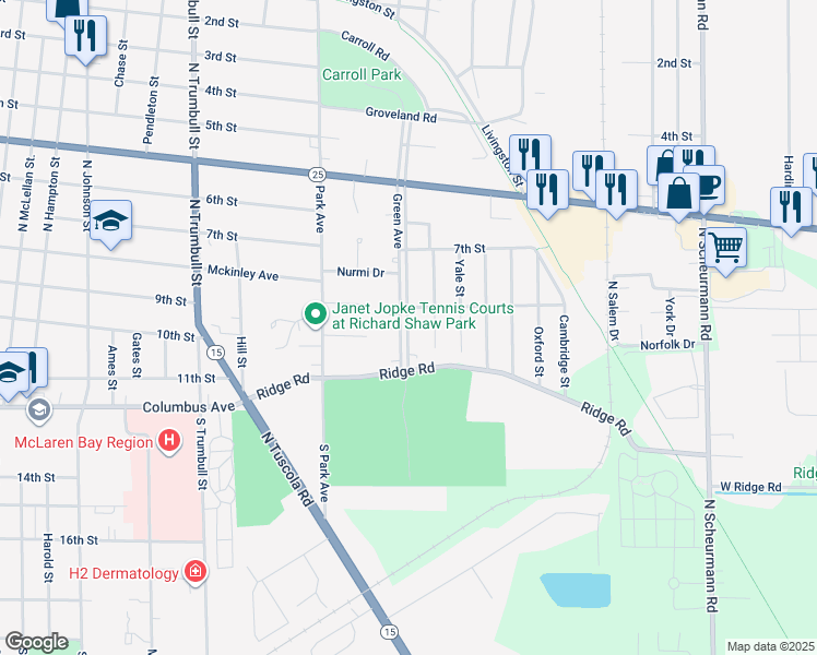 map of restaurants, bars, coffee shops, grocery stores, and more near 306 Green Avenue in Bay City