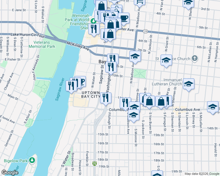 map of restaurants, bars, coffee shops, grocery stores, and more near 201-299 Washington Ave in Bay City