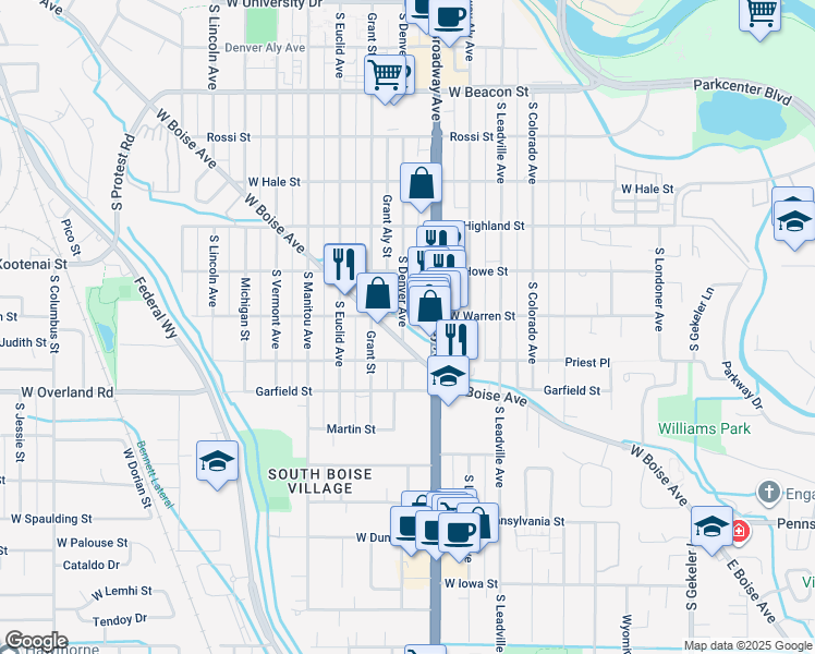 map of restaurants, bars, coffee shops, grocery stores, and more near 1080 West Boise Avenue in Boise