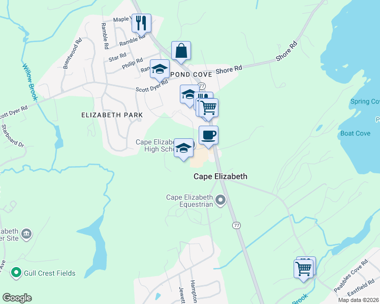 map of restaurants, bars, coffee shops, grocery stores, and more near 345 Ocean House Road in Cape Elizabeth
