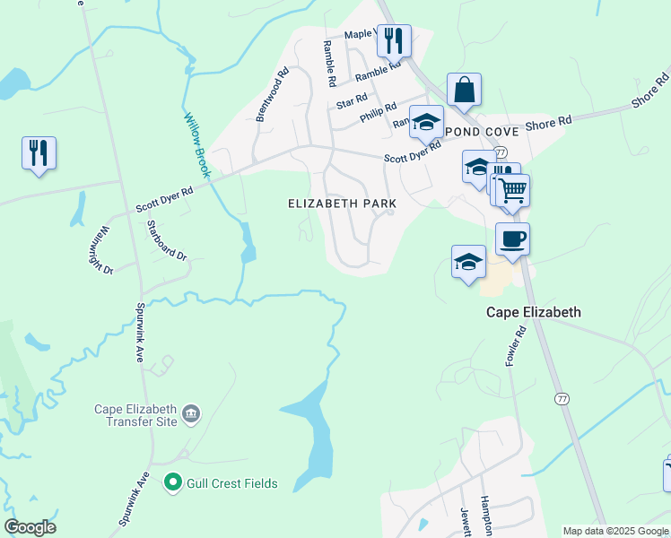map of restaurants, bars, coffee shops, grocery stores, and more near 43 Longfellow Dr in Cape Elizabeth