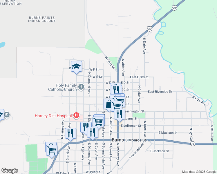 map of restaurants, bars, coffee shops, grocery stores, and more near 736 North Alvord Avenue in Burns