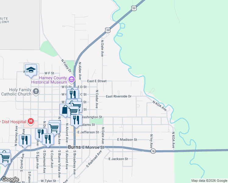 map of restaurants, bars, coffee shops, grocery stores, and more near 717 North Elm Avenue in Burns