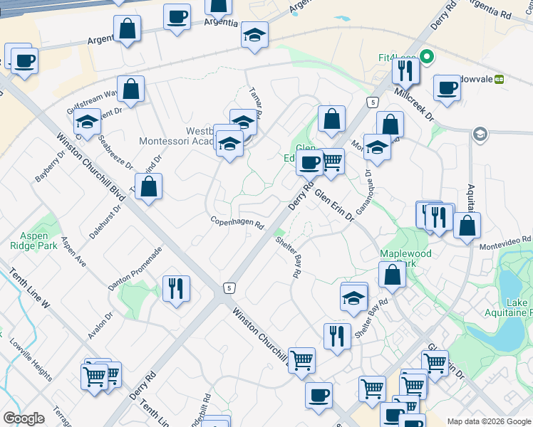 map of restaurants, bars, coffee shops, grocery stores, and more near 7430 Copenhagen Road in Mississauga