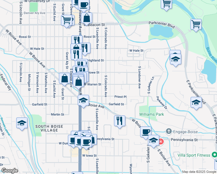map of restaurants, bars, coffee shops, grocery stores, and more near 1711 South Colorado Avenue in Boise