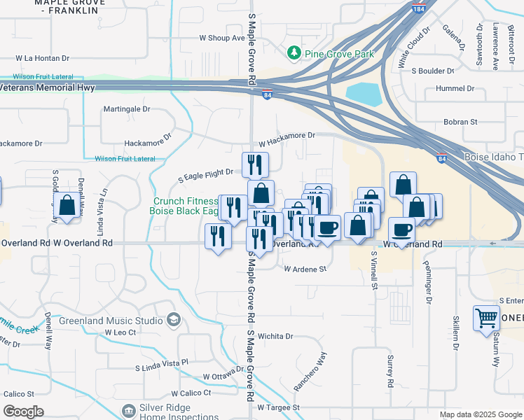 map of restaurants, bars, coffee shops, grocery stores, and more near 1450 South Maple Grove Road in Boise