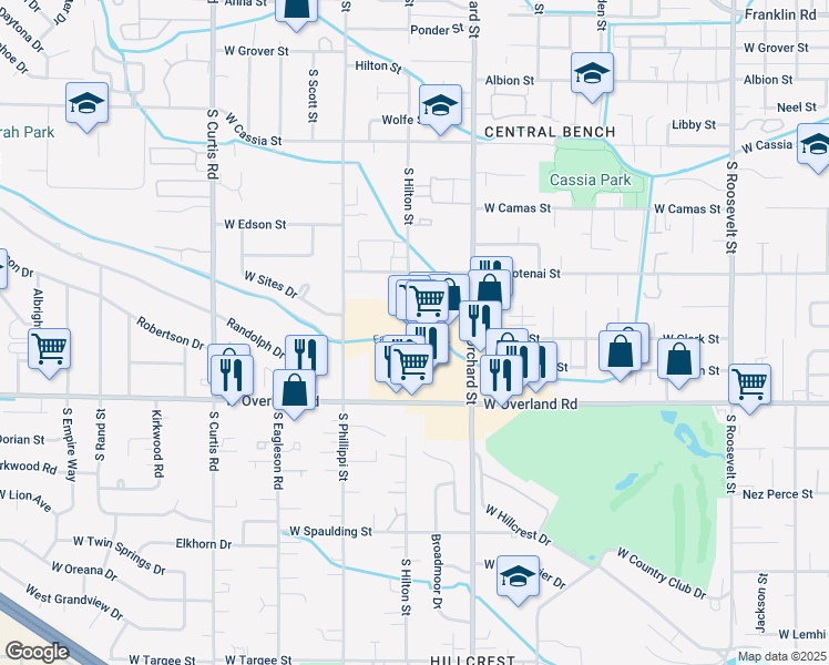 map of restaurants, bars, coffee shops, grocery stores, and more near 5220 W Overland Rd in Boise