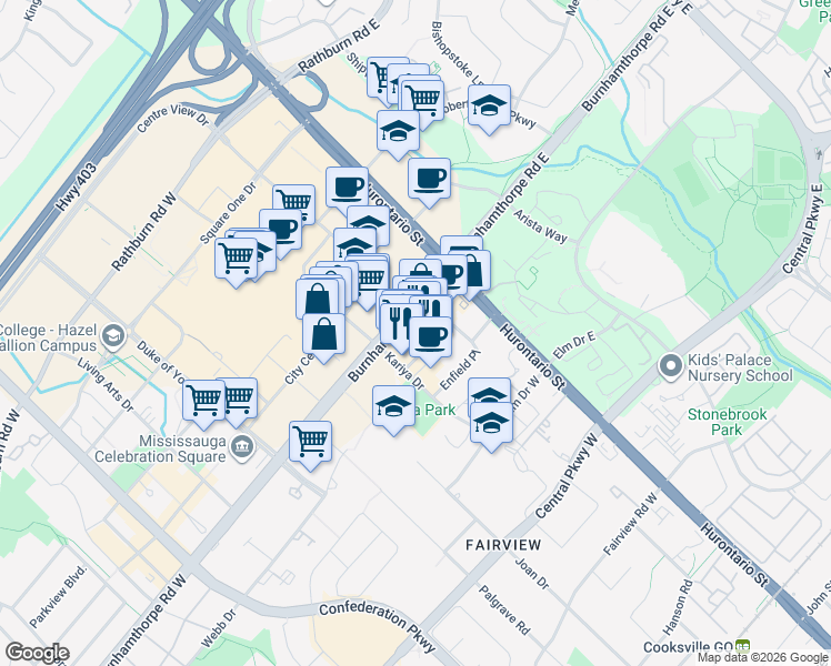 map of restaurants, bars, coffee shops, grocery stores, and more near 50 Burnhamthorpe Road West in Mississauga