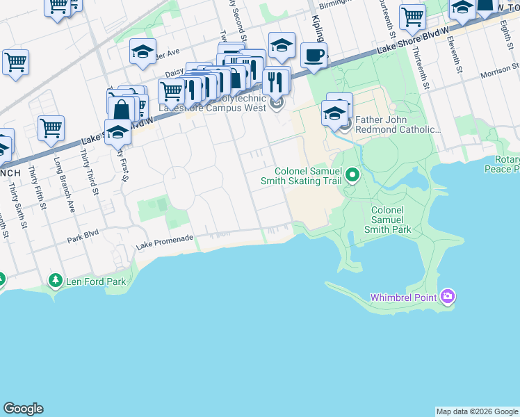 map of restaurants, bars, coffee shops, grocery stores, and more near 11 Twenty Fifth Street in Toronto