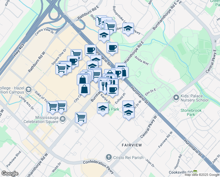 map of restaurants, bars, coffee shops, grocery stores, and more near 90 Burnhamthorpe Road West in Mississauga