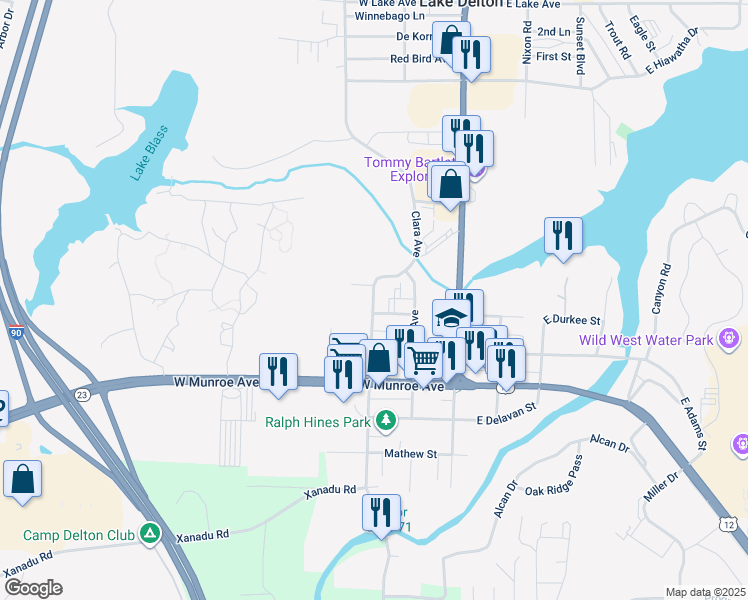 map of restaurants, bars, coffee shops, grocery stores, and more near 151 West Durkee Street in Wisconsin Dells