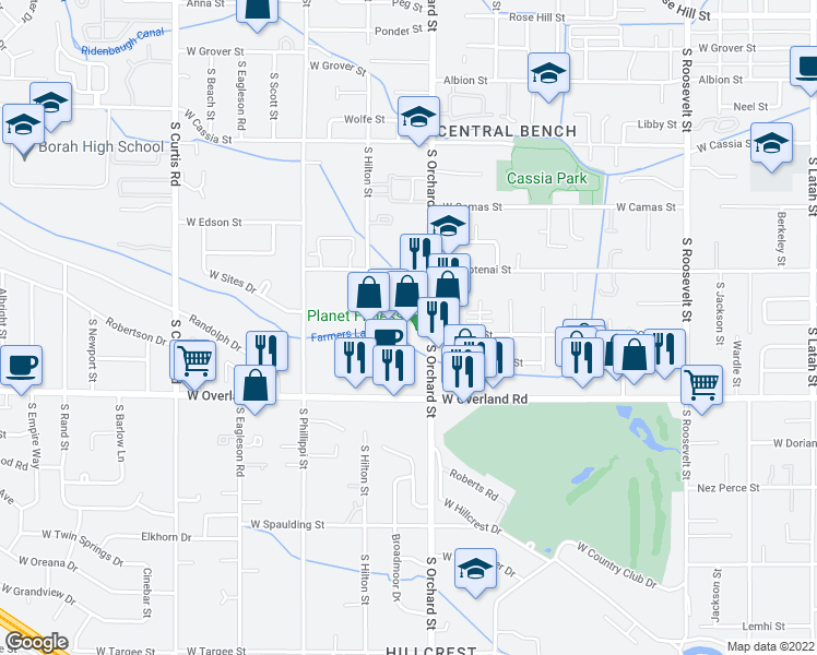 map of restaurants, bars, coffee shops, grocery stores, and more near 5050 West Overland Road in Boise