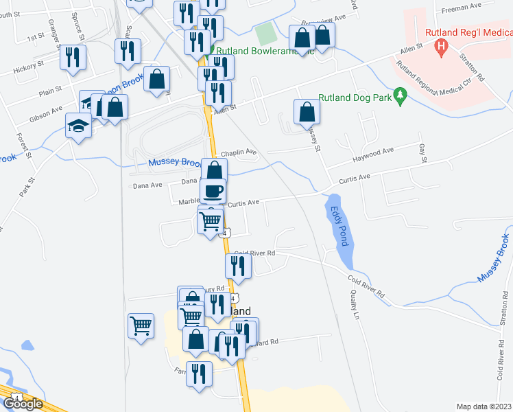 map of restaurants, bars, coffee shops, grocery stores, and more near 24 Curtis Avenue in Rutland