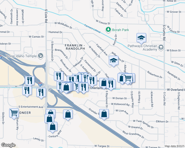 map of restaurants, bars, coffee shops, grocery stores, and more near 6812 West Ashland Drive in Boise