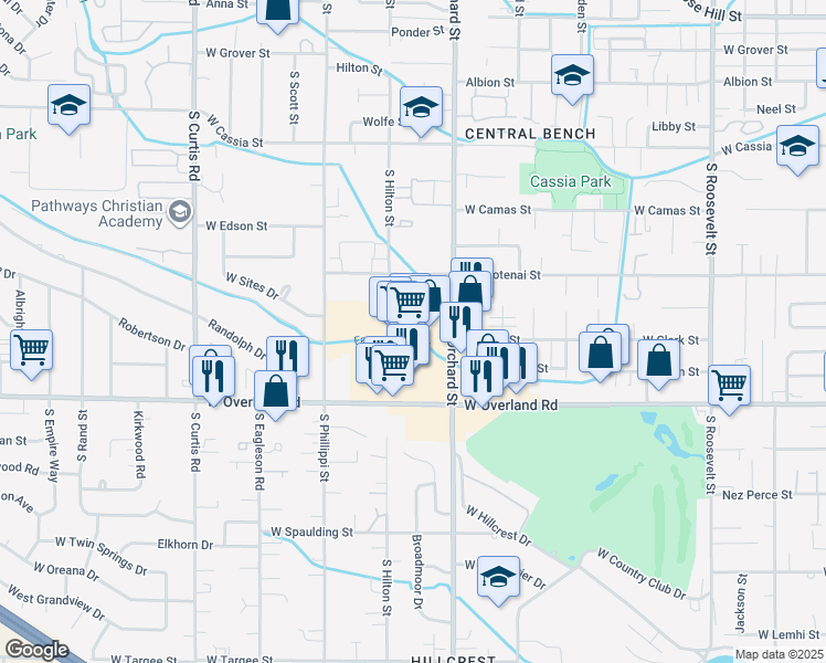 map of restaurants, bars, coffee shops, grocery stores, and more near 5100 West Overland Road in Boise