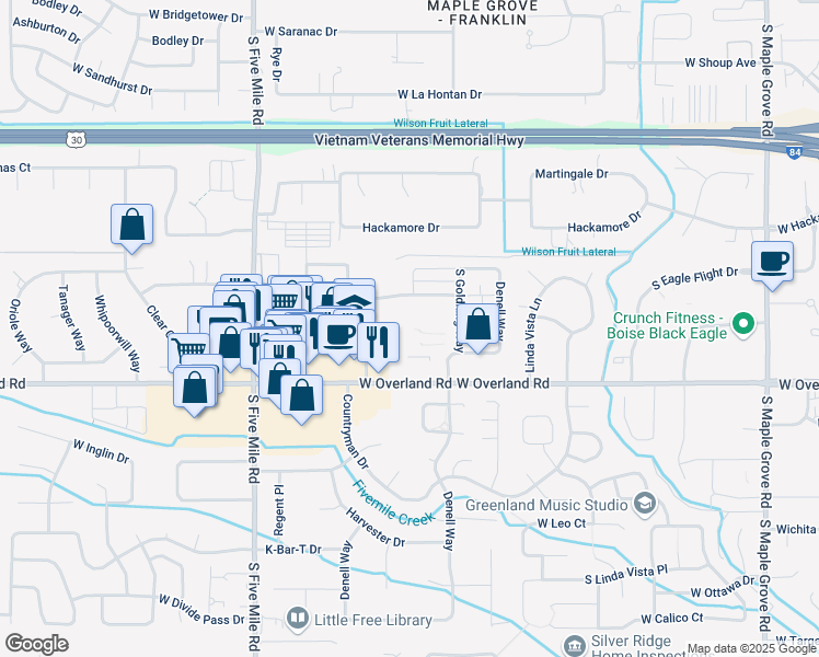 map of restaurants, bars, coffee shops, grocery stores, and more near 1411 South Goldking Way in Boise