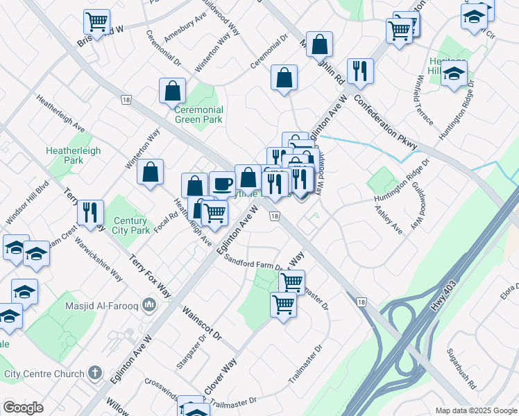 map of restaurants, bars, coffee shops, grocery stores, and more near 4920 Mavis Road in Mississauga