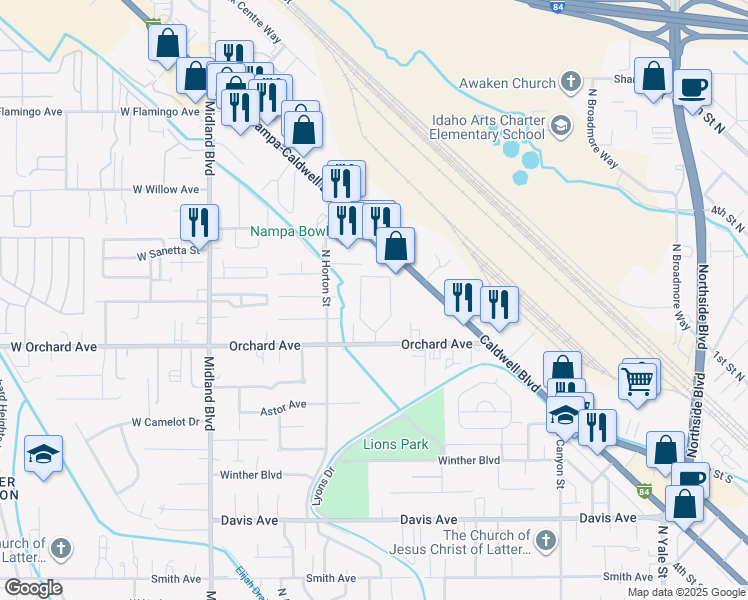 map of restaurants, bars, coffee shops, grocery stores, and more near 450 West Orchard Avenue in Nampa